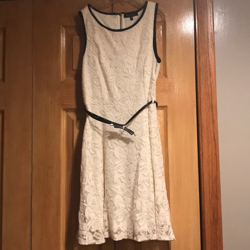 Ivory with black trim dress.